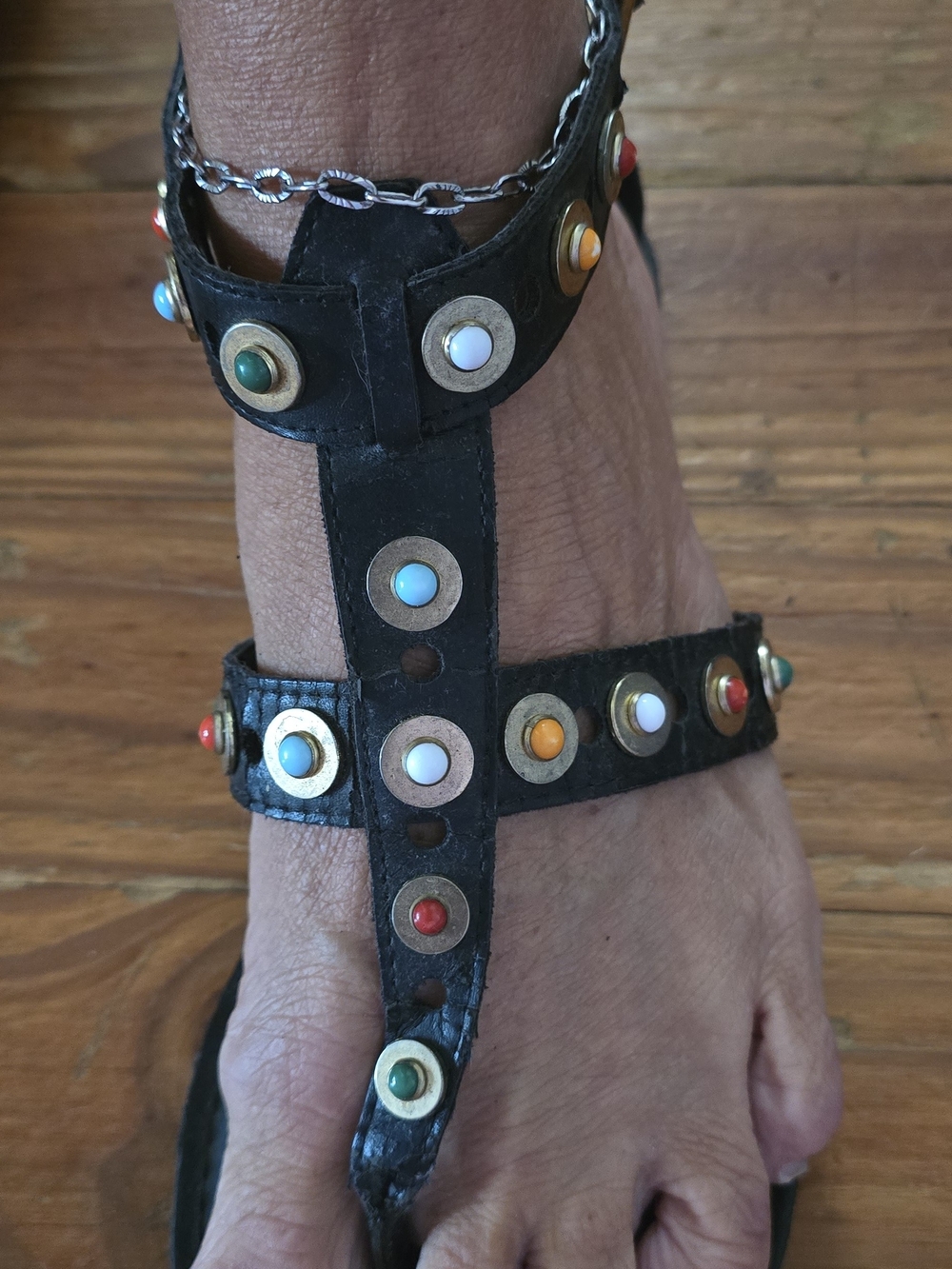 Zigi Soho Black Leather T-Strap Sandals with Multicolor Studs